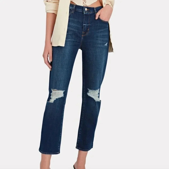 L'Agence Shane Distressed Mid Rise Slouchy Straight Jeans Dark Wash Size 26 - Picture 1 of 8